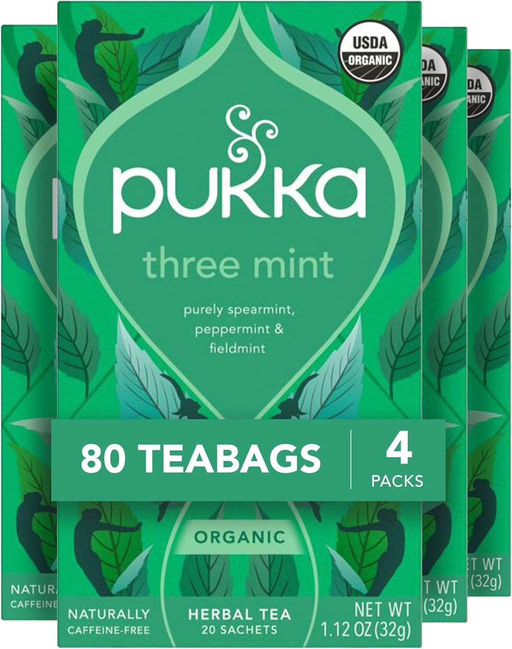 Pukka Three Mint Organic Herbal Tea Bags, After-Dinner Tea, Bags, 80 Total Tea Bags (20ct - Pack of 4)