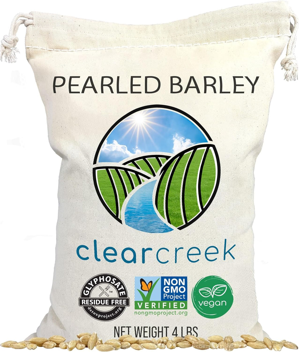 CLEAR CREEK Certified Glyphosate Residue Free Pearl Barley | 4 LBS Drawstring Bag | Non-GMO | Kosher | Vegan | Non-Irradiated