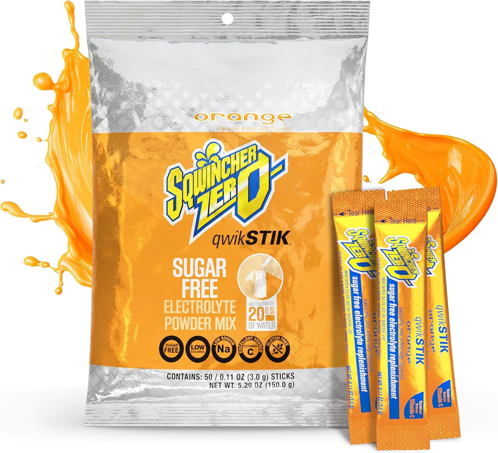Sqwincher Zero Qwik Stik, Orange, Sugar Free, Low Calorie, Sodium Electrolyte Powder Hydration Drink Mix, .11 0z Packet (Pack of 50)