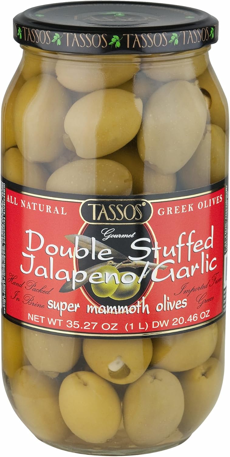 Tassos Double Stuffed Jalapeno and Garlic Olives, 1 Liter (pack of 2)