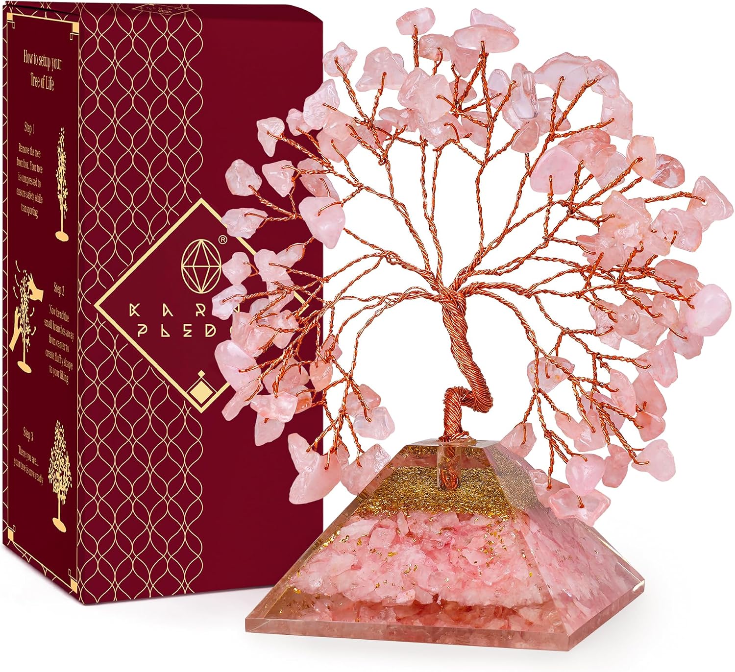 Rose Quartz Crystal Tree Good Luck Birthday Gifts for Women Mom Friends Sister Home and Office Desk Decor, Pyramid Base Reiki Healing Stones Chakra Tree of Life for Positive Energy, Money, Sucess