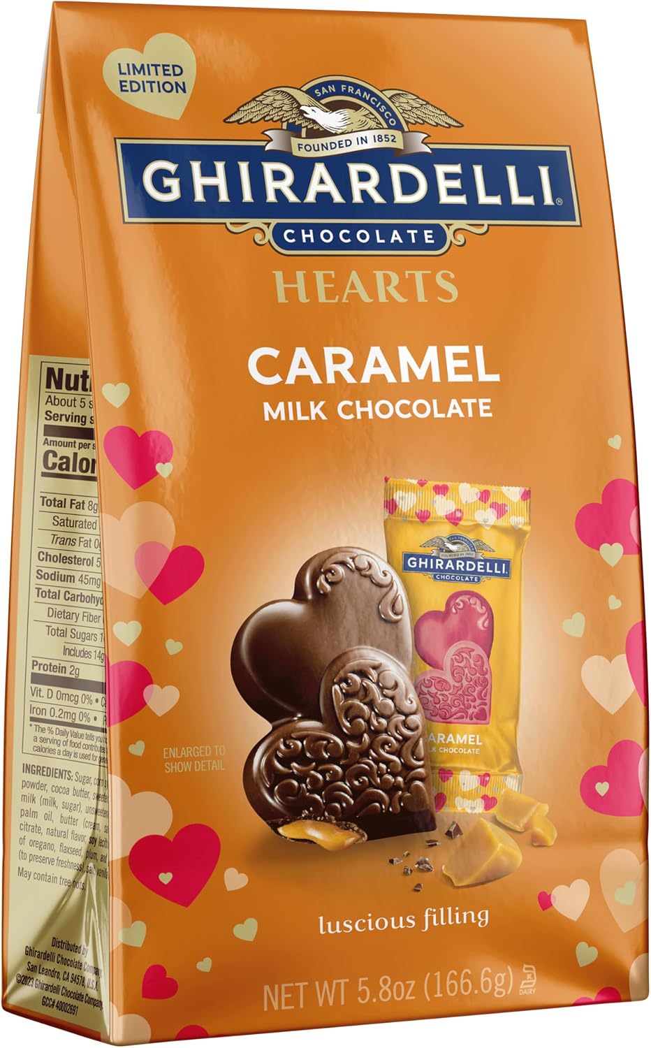 Ghirardelli Chocolate Company Milk Chocolate Caramel Duet Hearts, Heart Shaped Chocolates for Valentines, 6 Oz Bag
