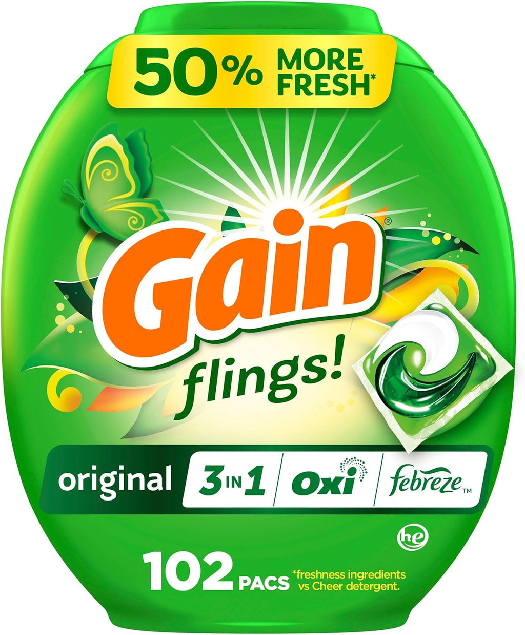 Gain Flings Laundry Detergent Pacs, 102 Count, Original Scent, with Odor Defense, concentrated laundry soap pacs