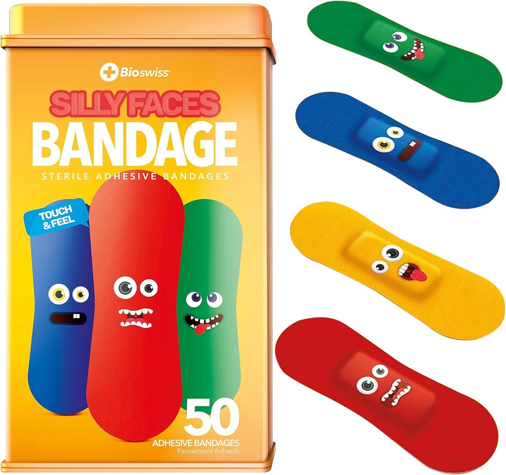 BioSwiss Bandages, Silly Faces Shaped Self Adhesive Bandage Set, Latex Free, Sterile Wound Care, 50 Count