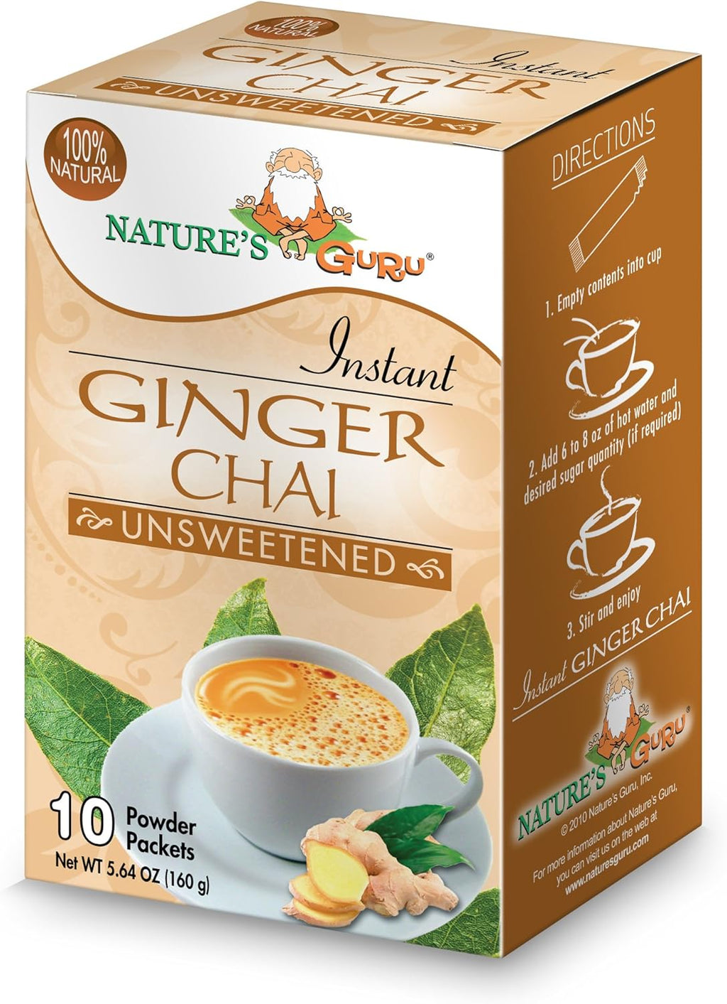 Nature's Guru Instant Ginger Chai Tea Drink Mix Unsweetened 10 Count Single Serve On-the-Go Drink Packets