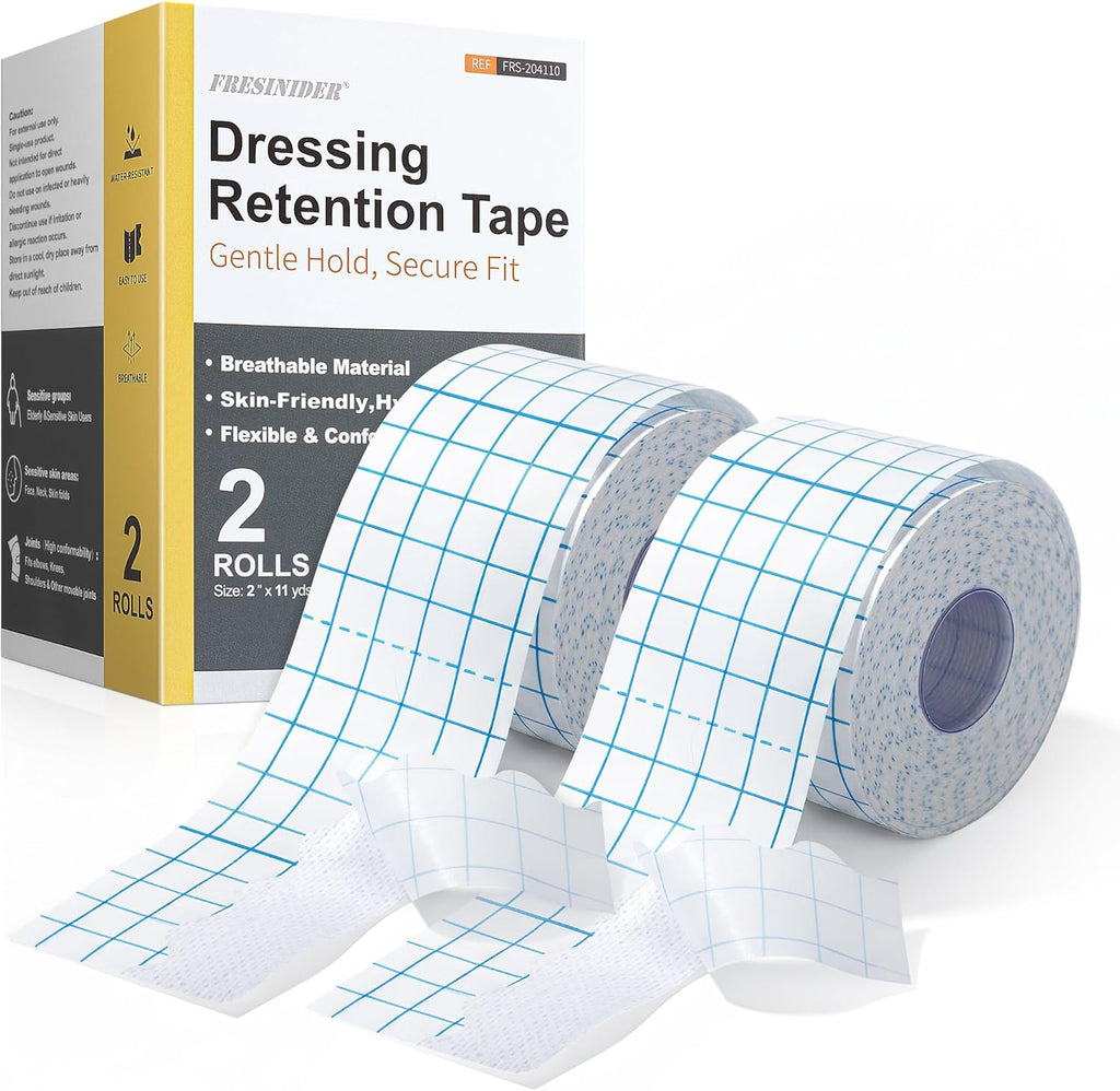 FRESINIDER Dressing Retention Tape, 2 Rolls 2” x 11 Yards, Hypoallergenic Medical Fixation Tape for Securing Dressings & Bandages, Breathable Non-Woven Fabric, Gentle Adhesion, Latex Free