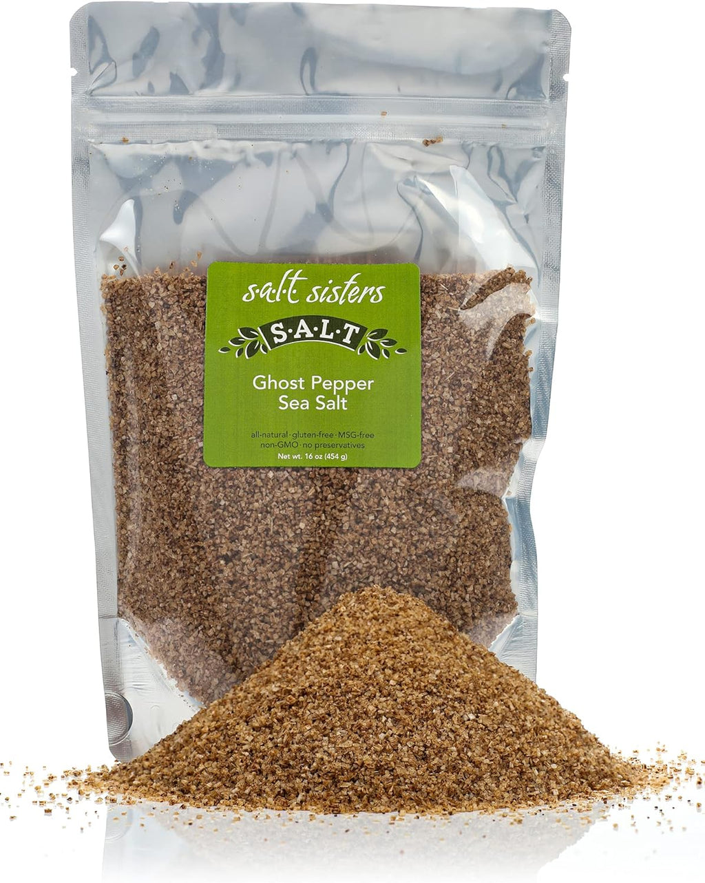 s.a.l.t. sisters Ghost Pepper Sea Salt | All-Natural, Gluten Free, MSG Free, Non-GMO | Easily Dissolvable Naga Jolokia Infused Coarse Sea Salt | Versatile Salt for Meat, Fish, Vegetables| 1lb