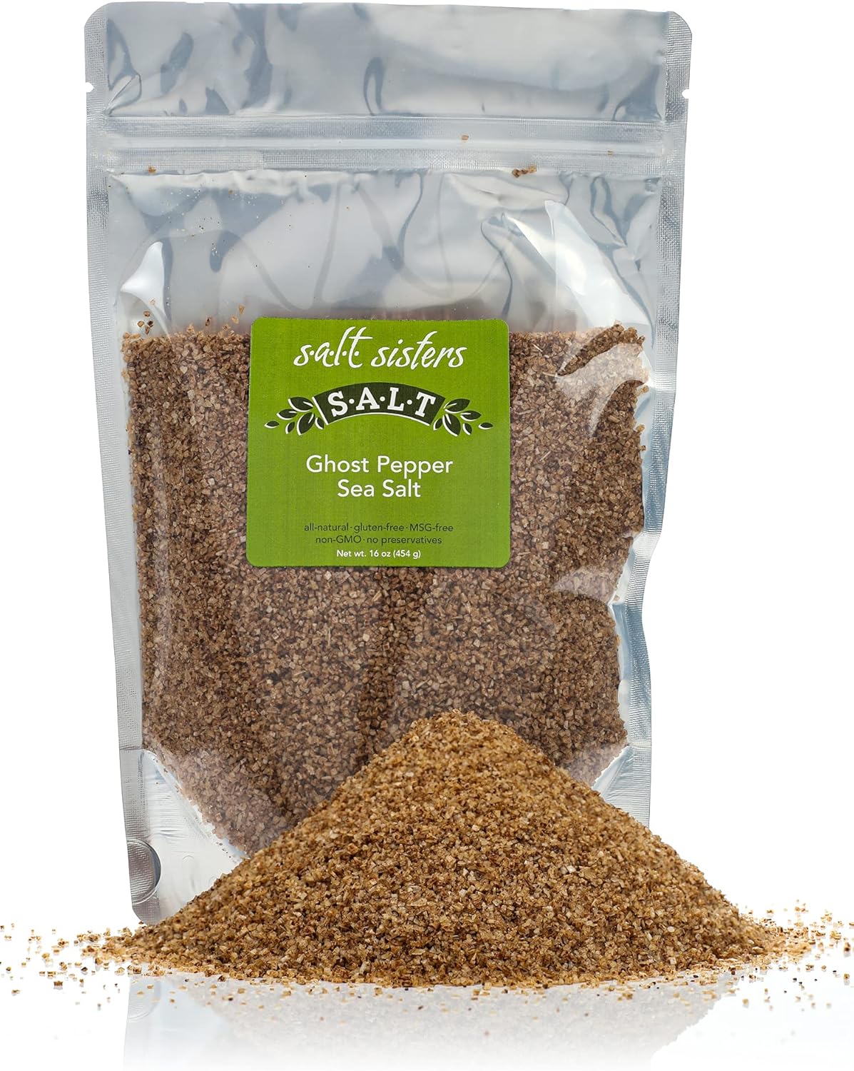 s.a.l.t. sisters Ghost Pepper Sea Salt | All-Natural, Gluten Free, MSG Free, Non-GMO | Easily Dissolvable Naga Jolokia Infused Coarse Sea Salt | Versatile Salt for Meat, Fish, Vegetables| 1lb