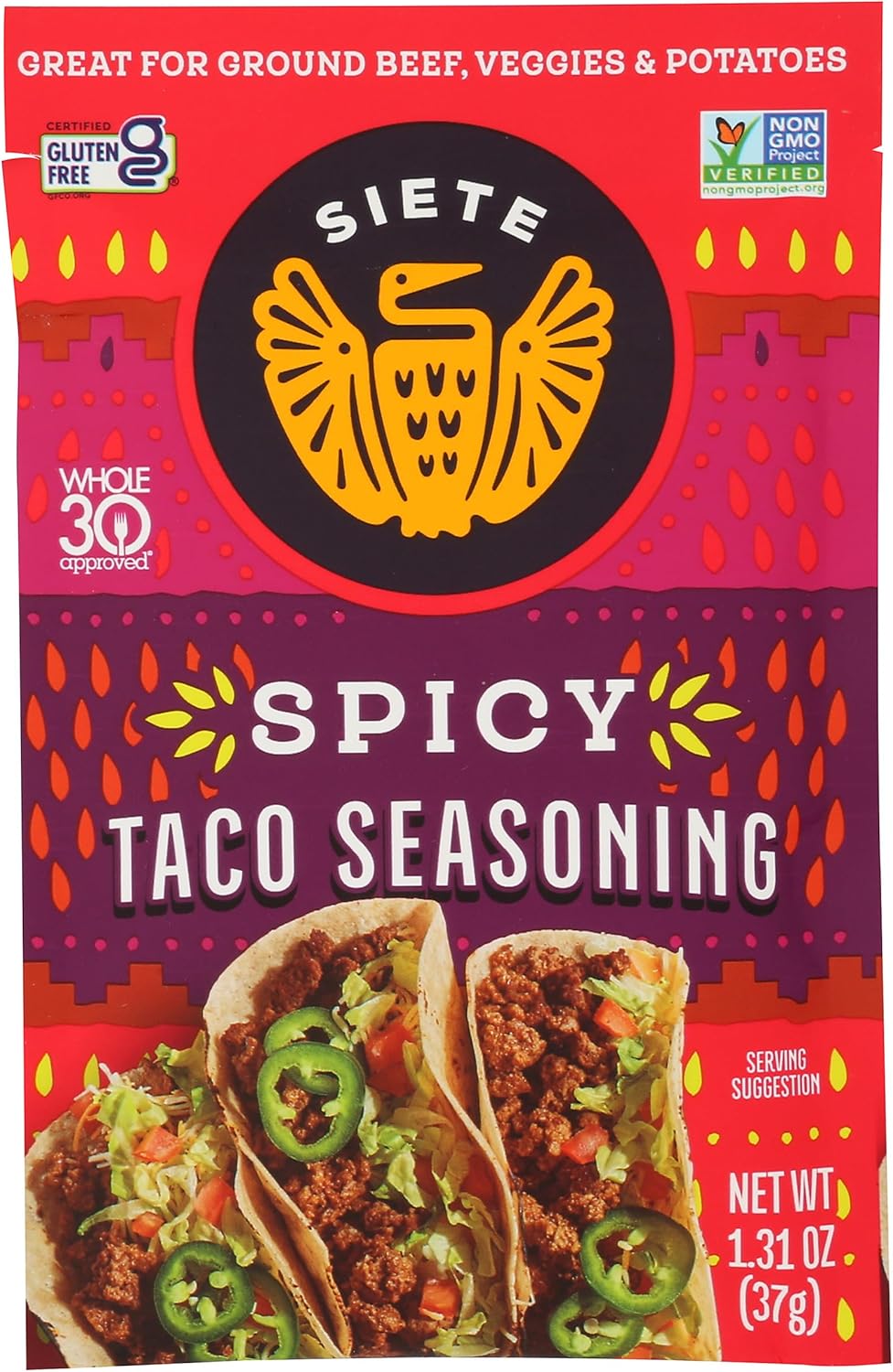 Siete Spicy Taco Seasoning Mix | Gluten Free | Vegan | Paleo | Preservative Free | Whole 30 Approved (1 Packet)