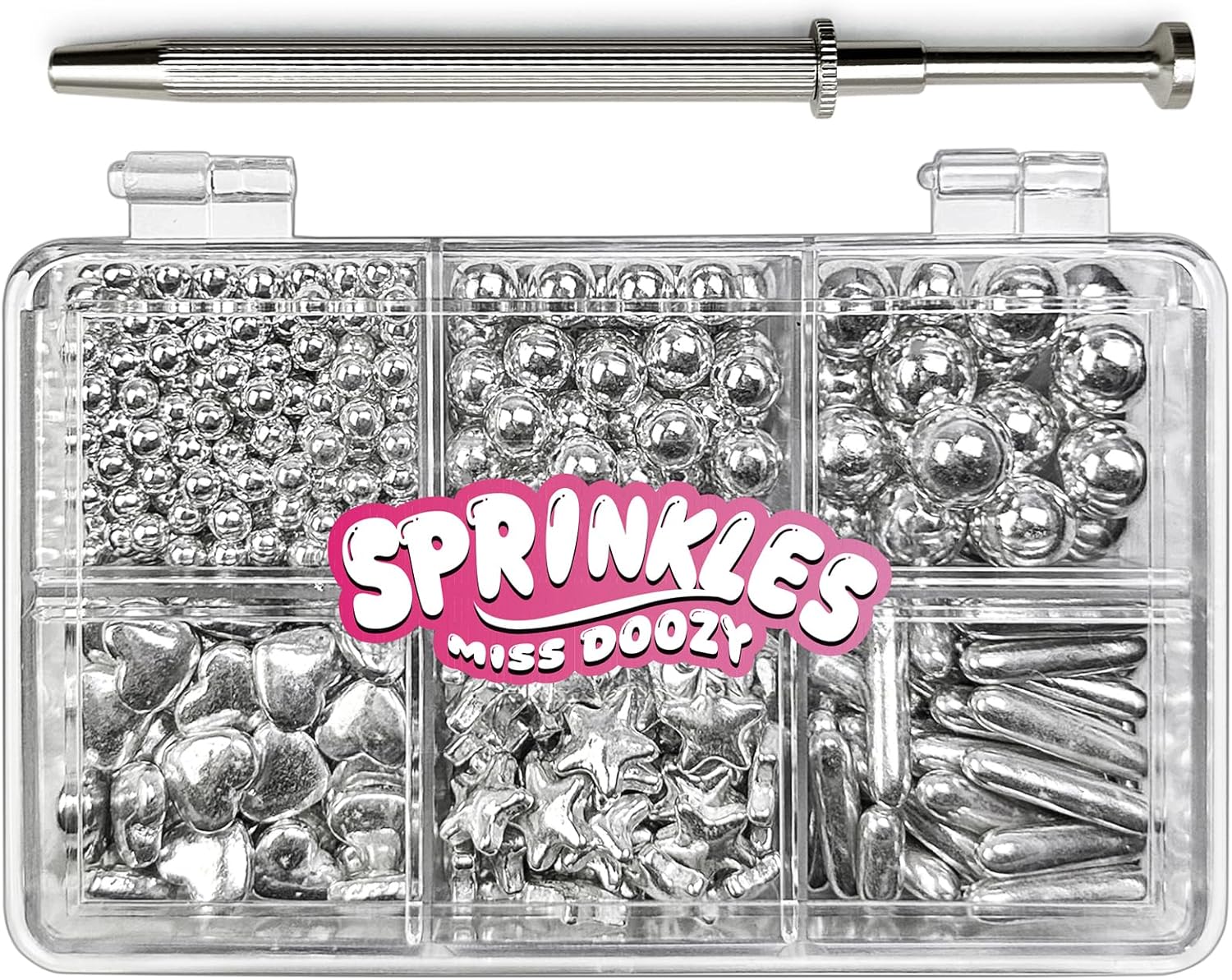 Silver Sprinkles with 4-Claw Pick up Tool,Pearl Sugar Mix Size 6.5oz Contains Metallic Rod & Star Sprinkles for Cake Decorations Baking Cupcake Toppers Cookie Decorating