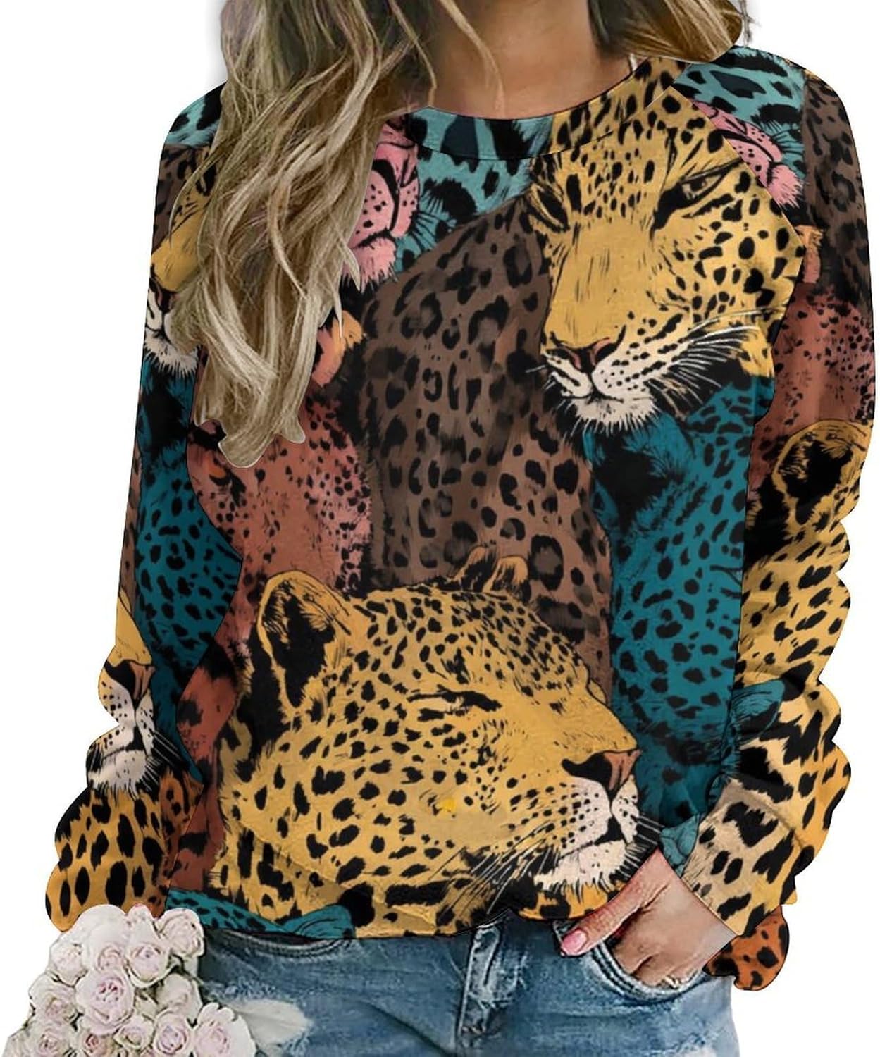 HOTYD Women's Animal Textured Sweatshirts Fashion Crewneck Long Sleeve Camo Sweatshirts Graphic Pullover Fall Clothes
