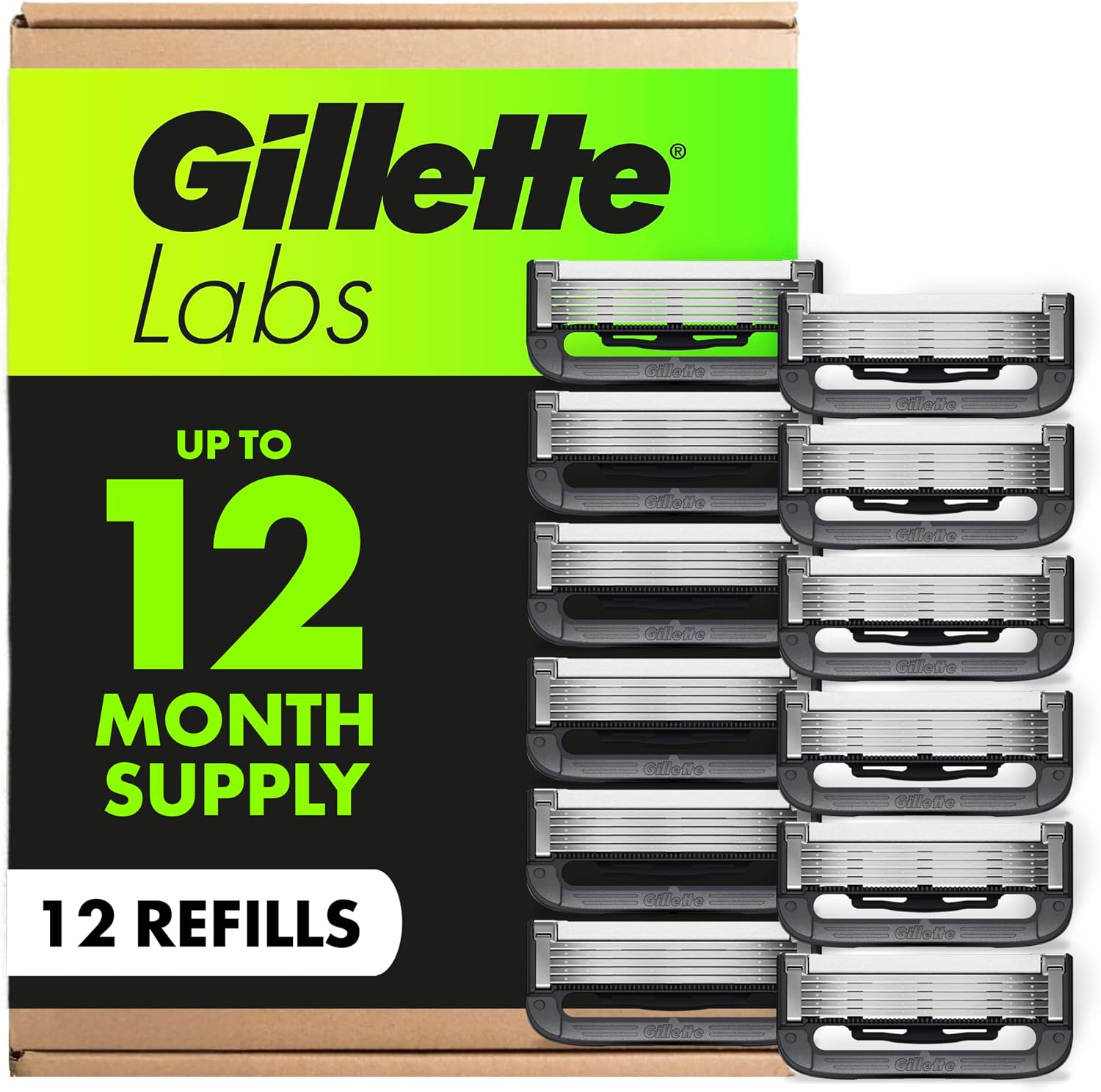 GilletteLabs Razor Blade Refills, 12ct Razor Cartridges, Razor Refills for Men Compatible with GilletteLabs Exfoliating Bar Razor and Heated Razor