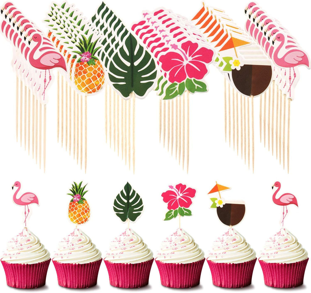 Luau Cupcake Toppers Tropical Cake Decorations Hawaiian Toothpicks Sticks with Flamingo Pineapple Palm Leaves Shape Picks for Summer Beach Theme Party Favors Supplies, 6 Styles (72)