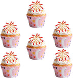 50 PCS Edible Firework Cupcake Toppers Happy Birthday Cake Toppers Wafer Paper Fireworks Birthday Party Decorations for Wedding Graduation Valentine's Day Party Cake Decorations Supplies Red