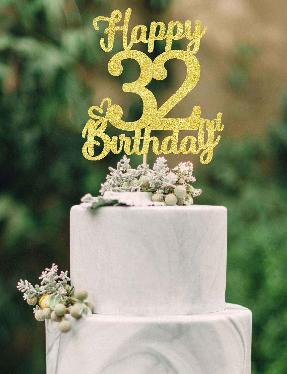 32 Birthday Cake Toppers - Gold Glitter, 32nd Birthday Decorations for Men & Women