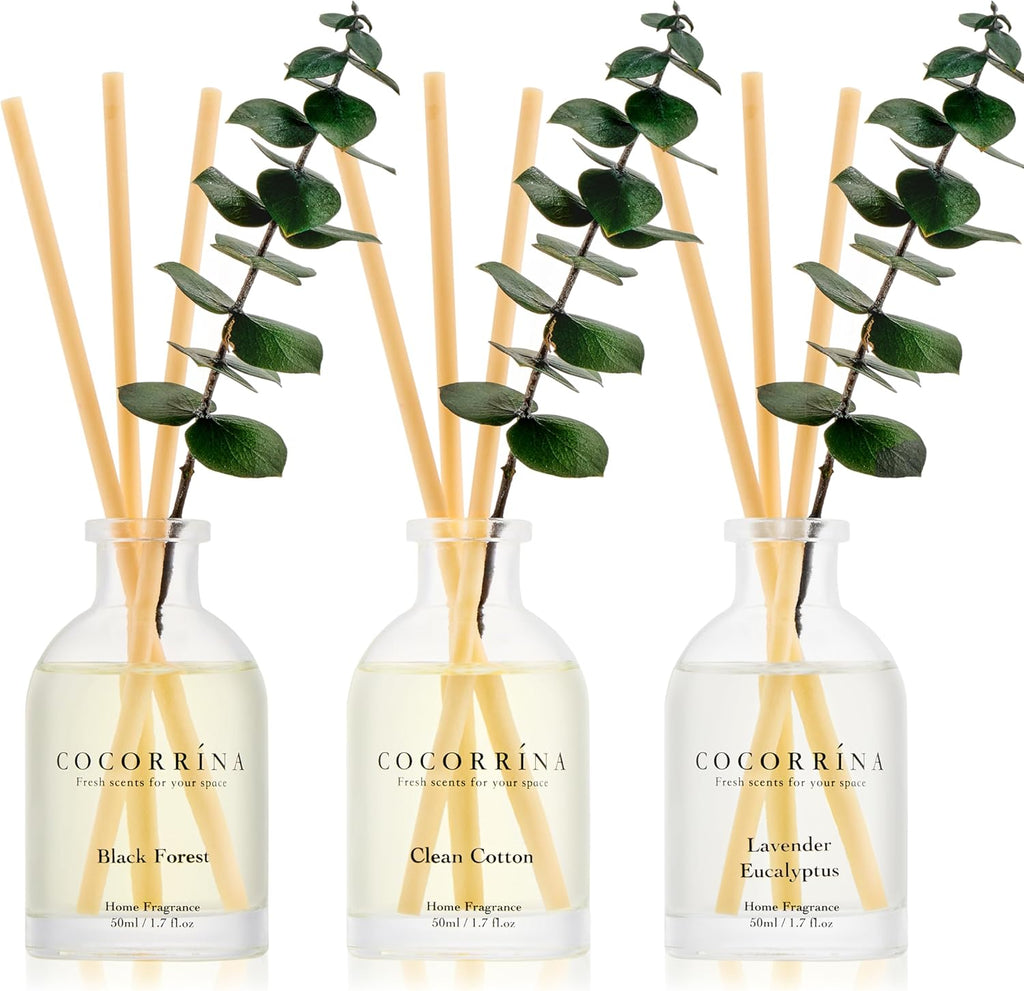 COCORRÍNA Eucalyptus Reed Diffuser Set of 3 - Lavender Eucalyptus, Black Forest, Clean Cotton Scents, 1.7 fl oz Each, Total 5.1 oz, Scented Oil Diffusers for Home & Office