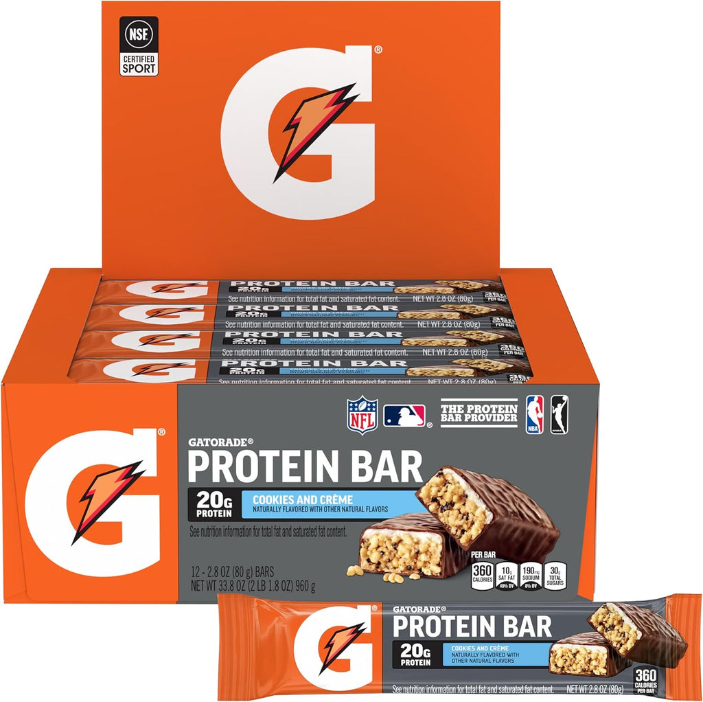 Gatorade Whey Protein Bars, Cookies & Crème, 2.8 oz bars (Pack of 12, 20g of protein per bar)