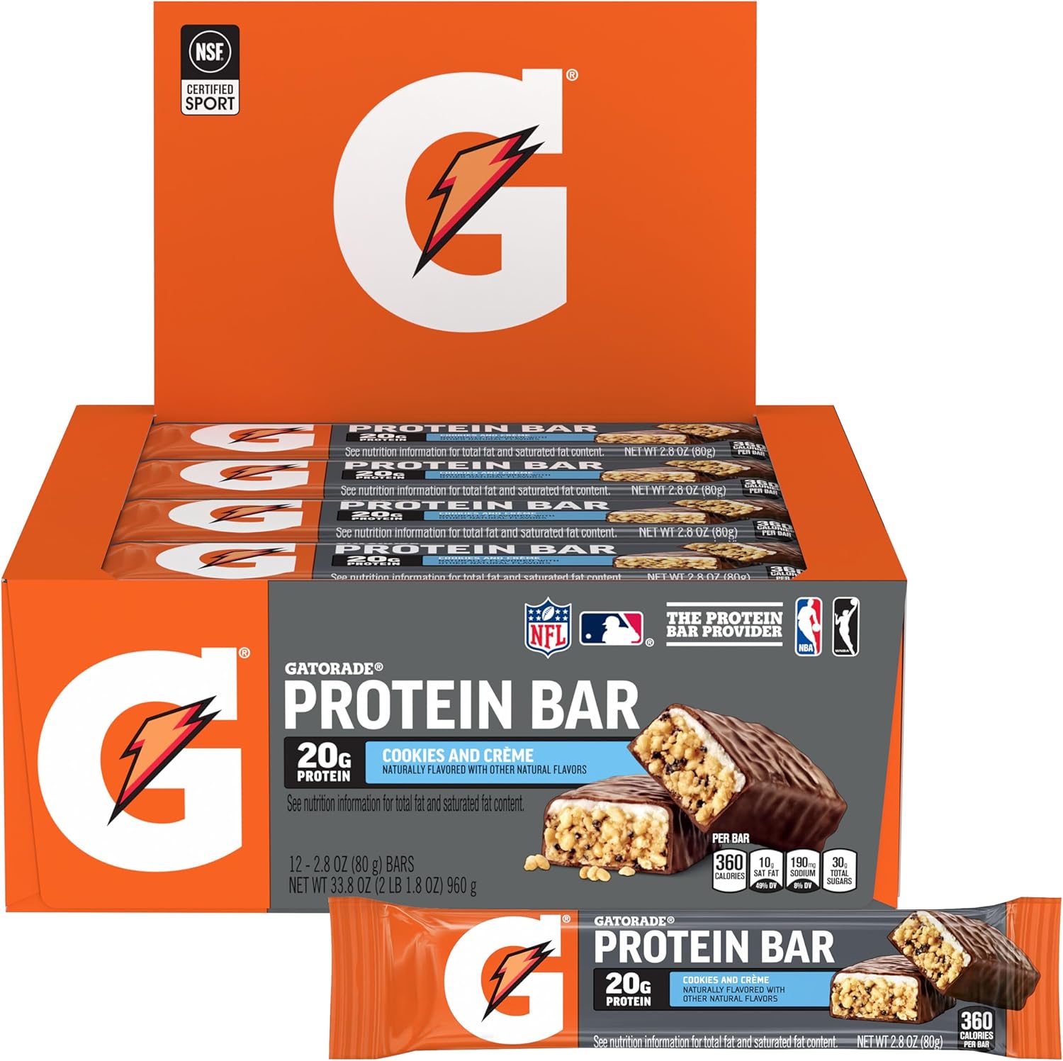 Gatorade Whey Protein Bars, Cookies & Crème, 2.8 oz bars (Pack of 12, 20g of protein per bar)
