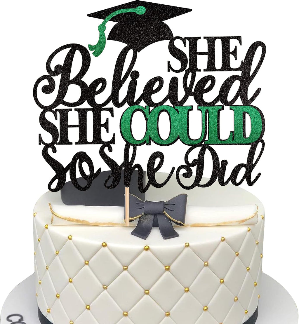 1 PCS She Believed She Could So She Did Cake Topper with Glitter Grad Cap Cake Pick Class of 2026 Senior Graduation Cake Decoration for 2026 Graduation Theme Party Decorations Supplies Black Green