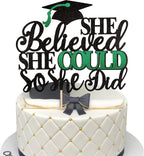 1 PCS She Believed She Could So She Did Cake Topper with Glitter Grad Cap Cake Pick Class of 2026 Senior Graduation Cake Decoration for 2026 Graduation Theme Party Decorations Supplies Black Green