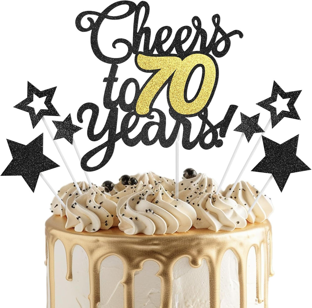 Cheers to 70 Years Cake Topper - Black Gold 70th Birthday/Anniversary Cake Topper for Men Women - Happy 70th Birthday Cake Topper - Cake Decorations for seventy Birthday or Anniversary Party