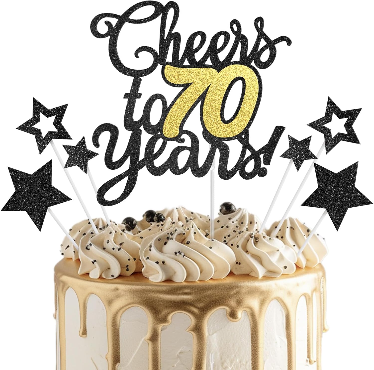 Cheers to 70 Years Cake Topper - Black Gold 70th Birthday/Anniversary Cake Topper for Men Women - Happy 70th Birthday Cake Topper - Cake Decorations for seventy Birthday or Anniversary Party