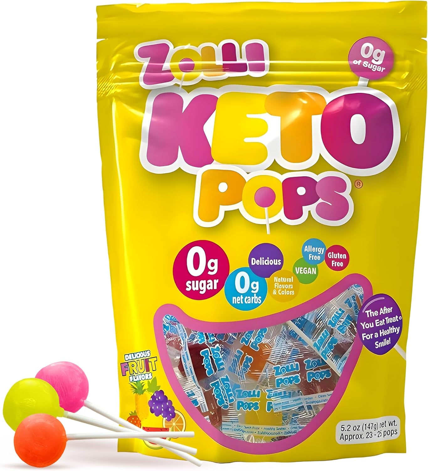 Zolli KETO Pops Sugar Free Lollipop Candy, Vegan, Gluten-Free, Diabetic-Friendly, 5.2oz Resealable Pouch