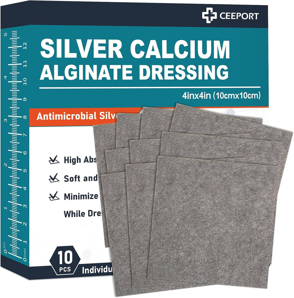 Ceeport Ag Silver Calcium Alginate Wound Dressing Pads, 4''x4'' Patches, 10 Individual Pack, Soft Silver Dressings for Wound Care, Gentle Highly Absorbent Dressing, Non Stick Gauze Pads for Wounds