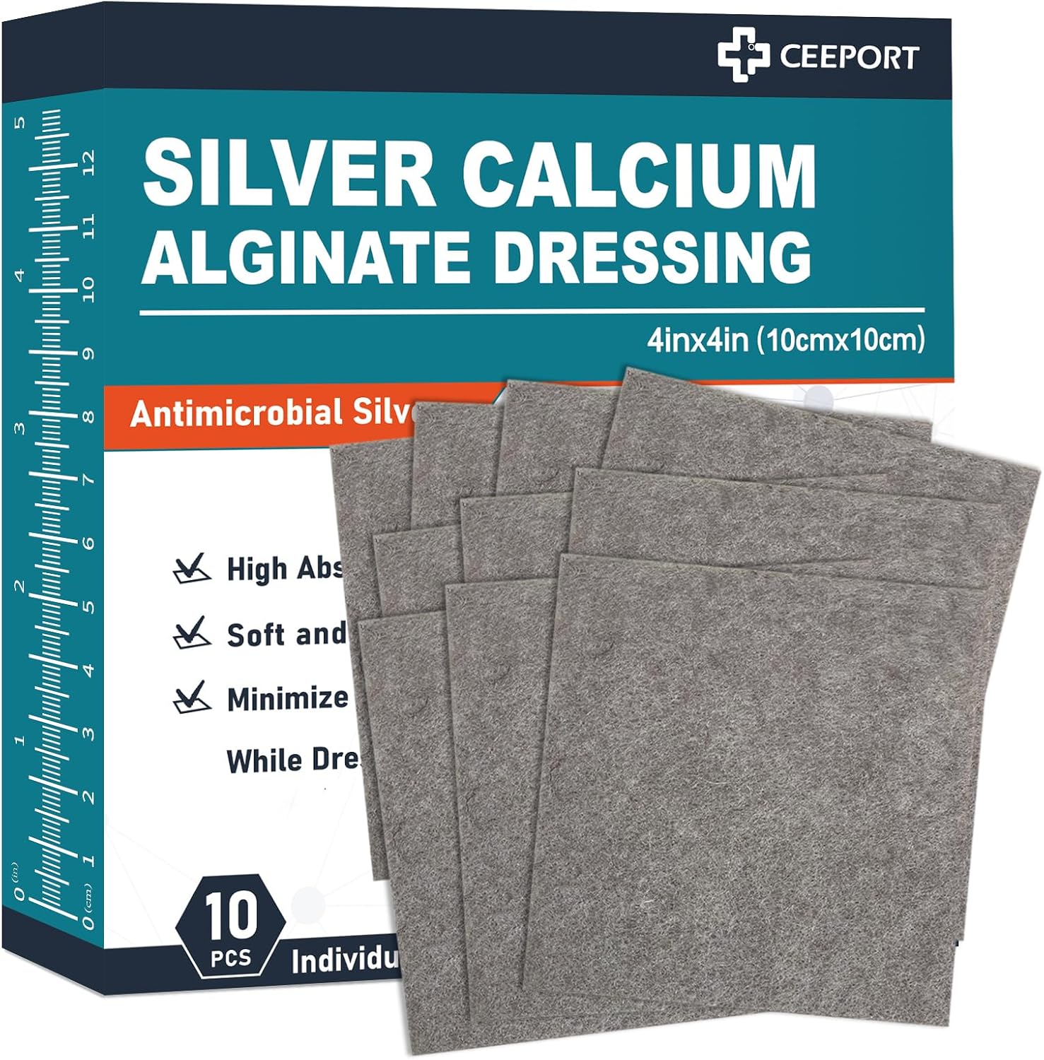Ceeport Ag Silver Calcium Alginate Wound Dressing Pads, 4''x4'' Patches, 10 Individual Pack, Soft Silver Dressings for Wound Care, Gentle Highly Absorbent Dressing, Non Stick Gauze Pads for Wounds