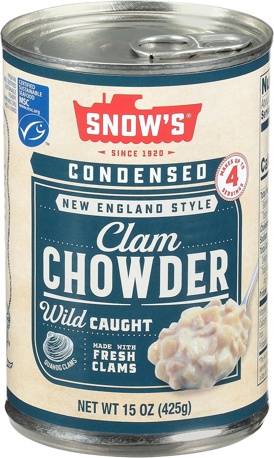 Snow's Condensed New England Clam Chowder, 15 oz Can - 4g Protein per Serving - Authentic New England Style Recipe