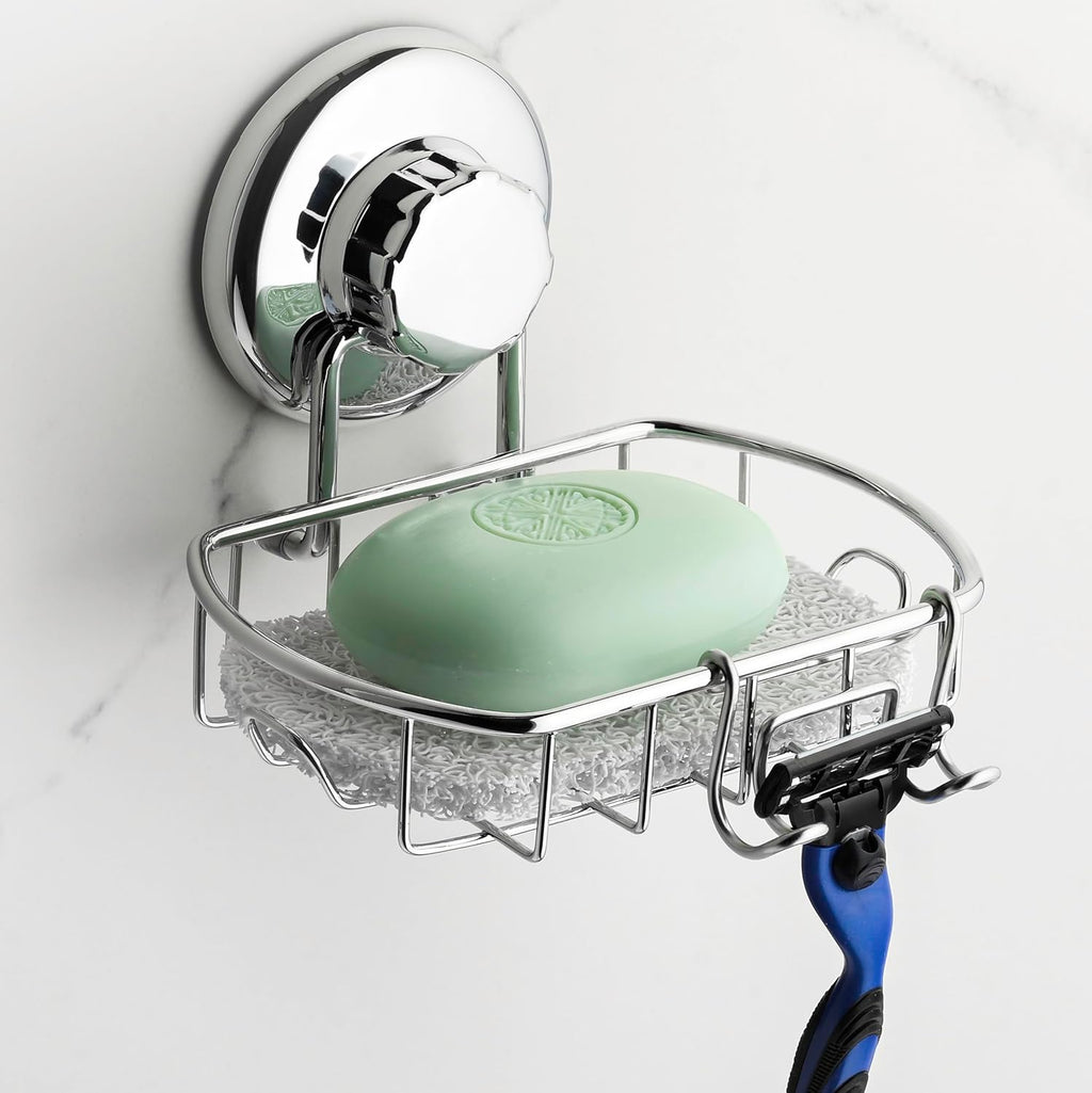 HASKO Suction Cup Soap Dish for Shower Wall, Rustproof Stainless Steel Shower Soap Holder for Bathroom with Hooks and Soap Saver, Includes Optional No Drill Adhesive Mount, Silver