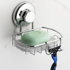 HASKO Suction Cup Soap Dish for Shower Wall, Rustproof Stainless Steel Shower Soap Holder for Bathroom with Hooks and Soap Saver, Includes Optional No Drill Adhesive Mount, Silver