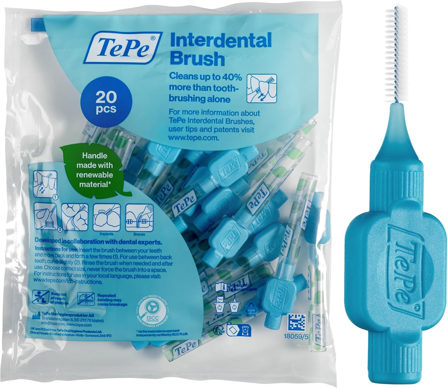 TePe Interdental Brushes Original | Size 5-0.8mm | 1 Pack of 20 Brushes (0.6 mm, Blue)