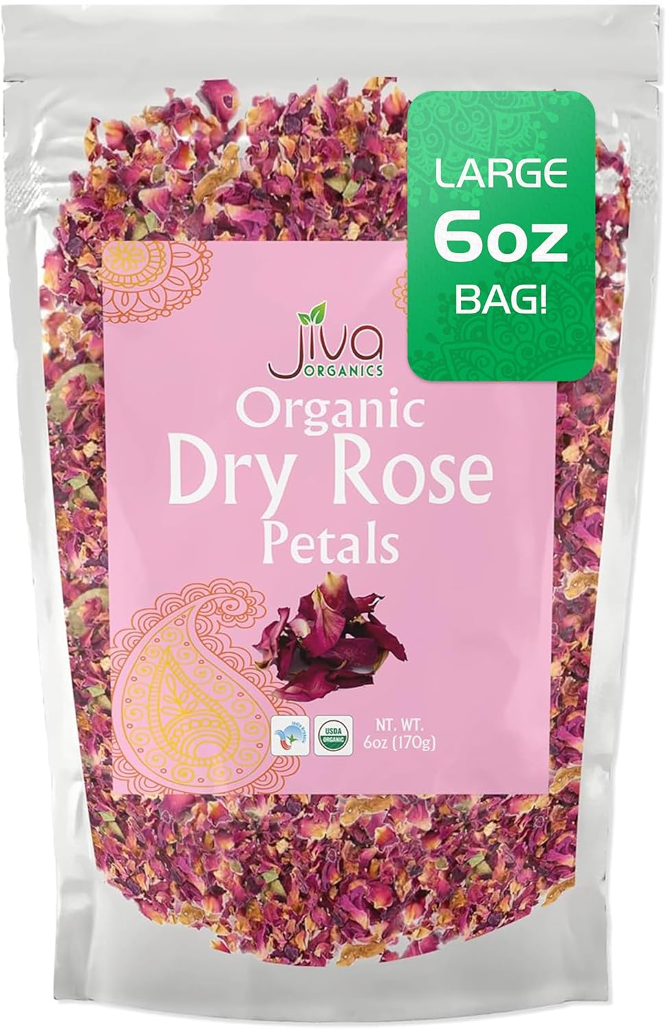 Jiva USDA Organic Dried Red Rose Petals 6 Oz (170g) Large Bag - Food Grade, Edible Flowers - Use in Tea, Baking, Making Rose Water, Crafting, Wedding Confetti