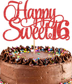Happy Sweet 16 Cake Topper - Glitter Red 16th Birthday Decorations, Sixteen Year Old Smash Decor, Sweet 16 Sign Top Photo Booth Props (Red)