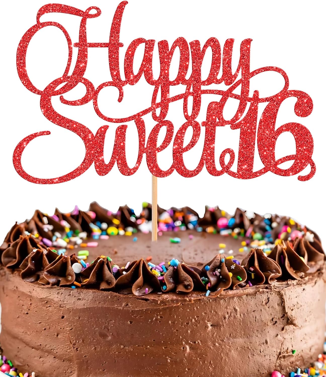 Happy Sweet 16 Cake Topper - Glitter Red 16th Birthday Decorations, Sixteen Year Old Smash Decor, Sweet 16 Sign Top Photo Booth Props (Red)