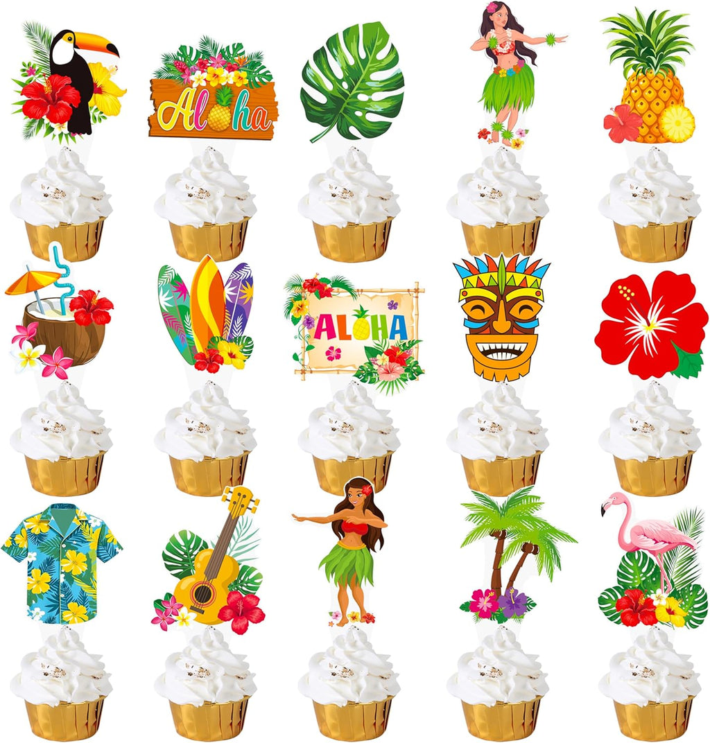 Hawaii Luau Party Cupcake Toppers Hawaiian Birthday Party Decorations Tropical Aloha Tiki Theme Party Cake Cupcake Decorations for Hawaii Summer Theme Baby Shower Supplies