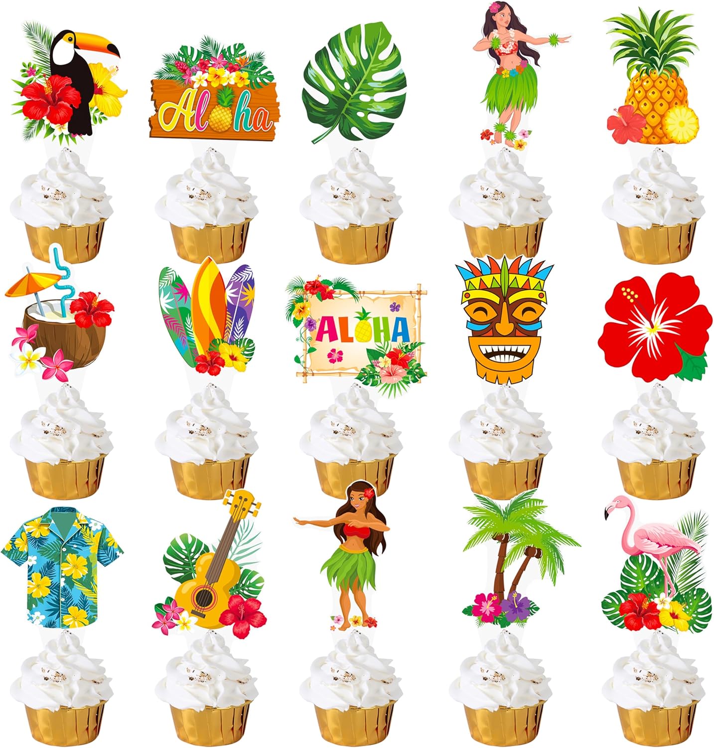 Hawaii Luau Party Cupcake Toppers Hawaiian Birthday Party Decorations Tropical Aloha Tiki Theme Party Cake Cupcake Decorations for Hawaii Summer Theme Baby Shower Supplies