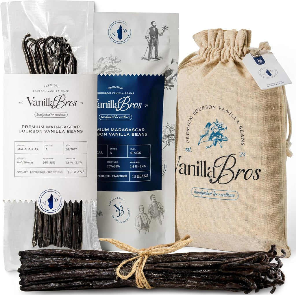 15 VanillaBros Madagascar Bourbon Vanilla Beans – Grade A Whole Pods (6.3–8.3") – Extra Long, Plump & Moist – For Baking, Desserts & Homemade Vanilla Extract – Rich High-Vanillin Aroma
