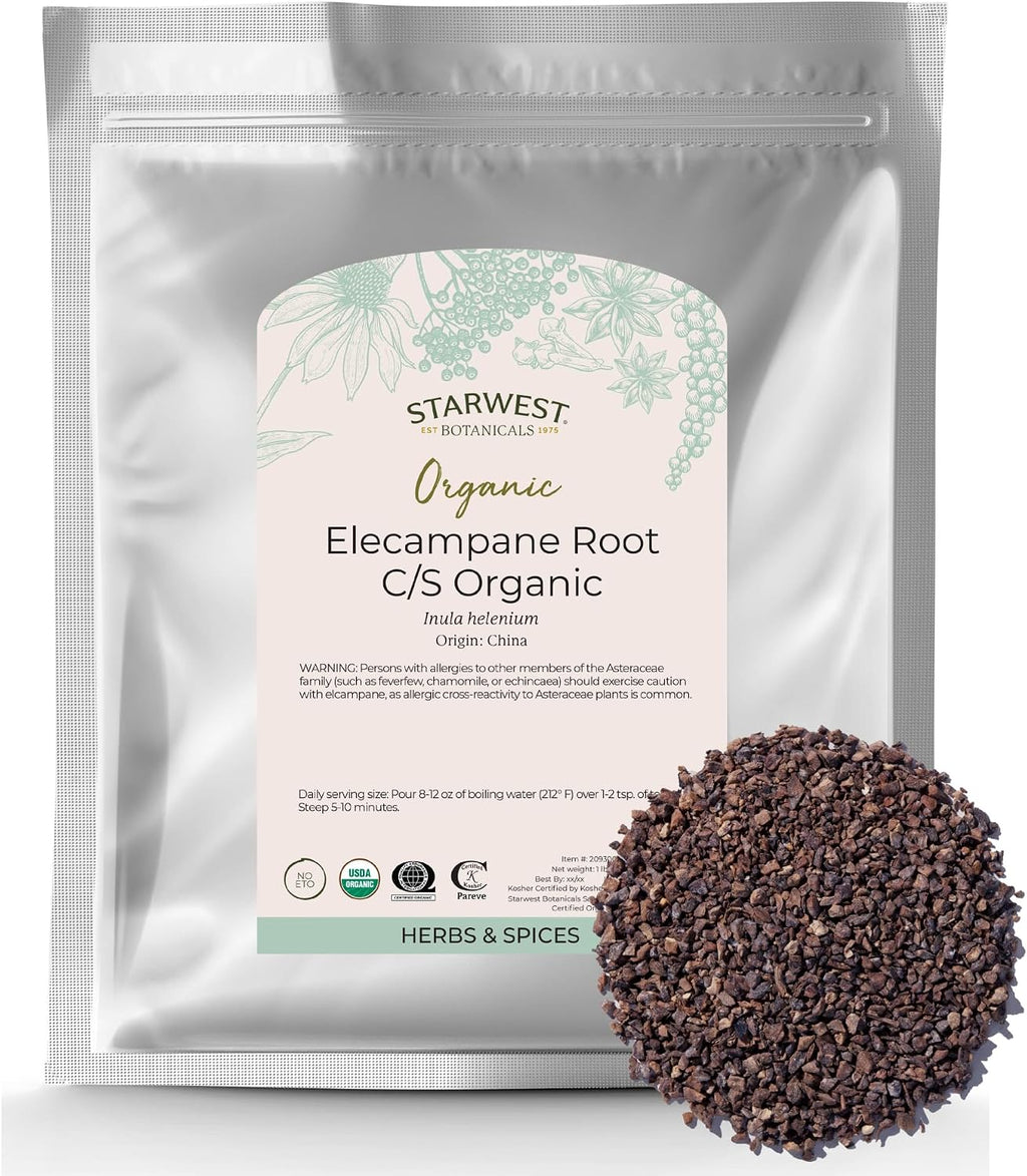 Starwest Botanicals Organic Elecampane Root - Dried Loose Herb for Tea & Herbal Blends, Cut & Sifted, Certified Kosher, Non-GMO - Bulk 1 lb Bag