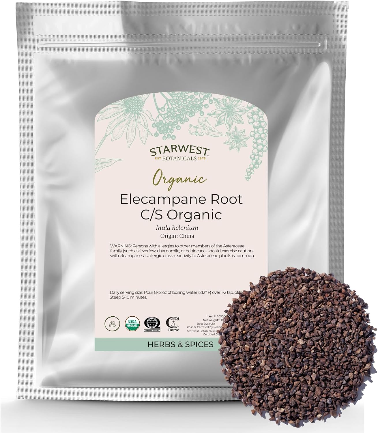 Starwest Botanicals Organic Elecampane Root - Dried Loose Herb for Tea & Herbal Blends, Cut & Sifted, Certified Kosher, Non-GMO - Bulk 1 lb Bag