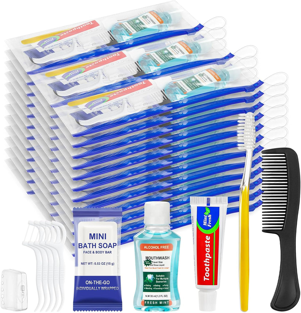 Personal Hygiene Kit Bulk Pack of 50,Yellow Basic Travel Toiletry Set Disposable Toothbrushes with Toothpaste Mouthwash Floss Comb Cover and Zip Bag for Homeless,Charity,Guests