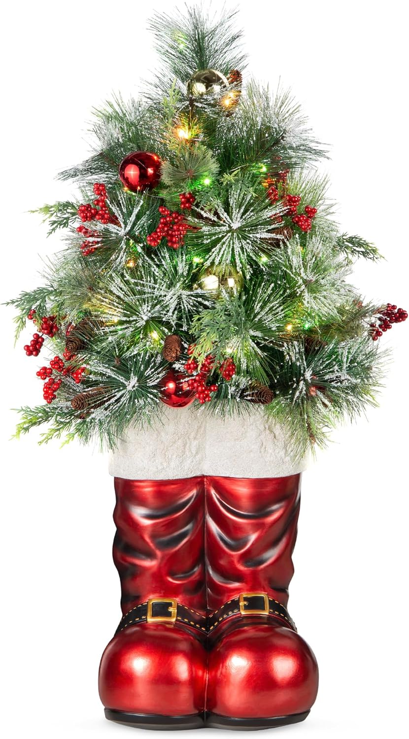 Best Choice Products 40in Santa Boots with Pre-Decorated Christmas Tree Greenery, Decoration for Home & Office, Hand-Painted Frosted Tips, Battery-Operated Lights