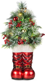 Best Choice Products 40in Santa Boots with Pre-Decorated Christmas Tree Greenery, Decoration for Home & Office, Hand-Painted Frosted Tips, Battery-Operated Lights