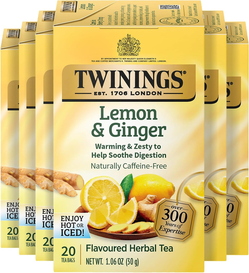 Twinings Lemon & Ginger Herbal Tea Individually Wrapped Bags, 20 Count (Pack of 6), Tangy Lemon, Spicy Ginger, Naturally Caffeine-Free, Enjoy Hot or Iced, 120 Teabags