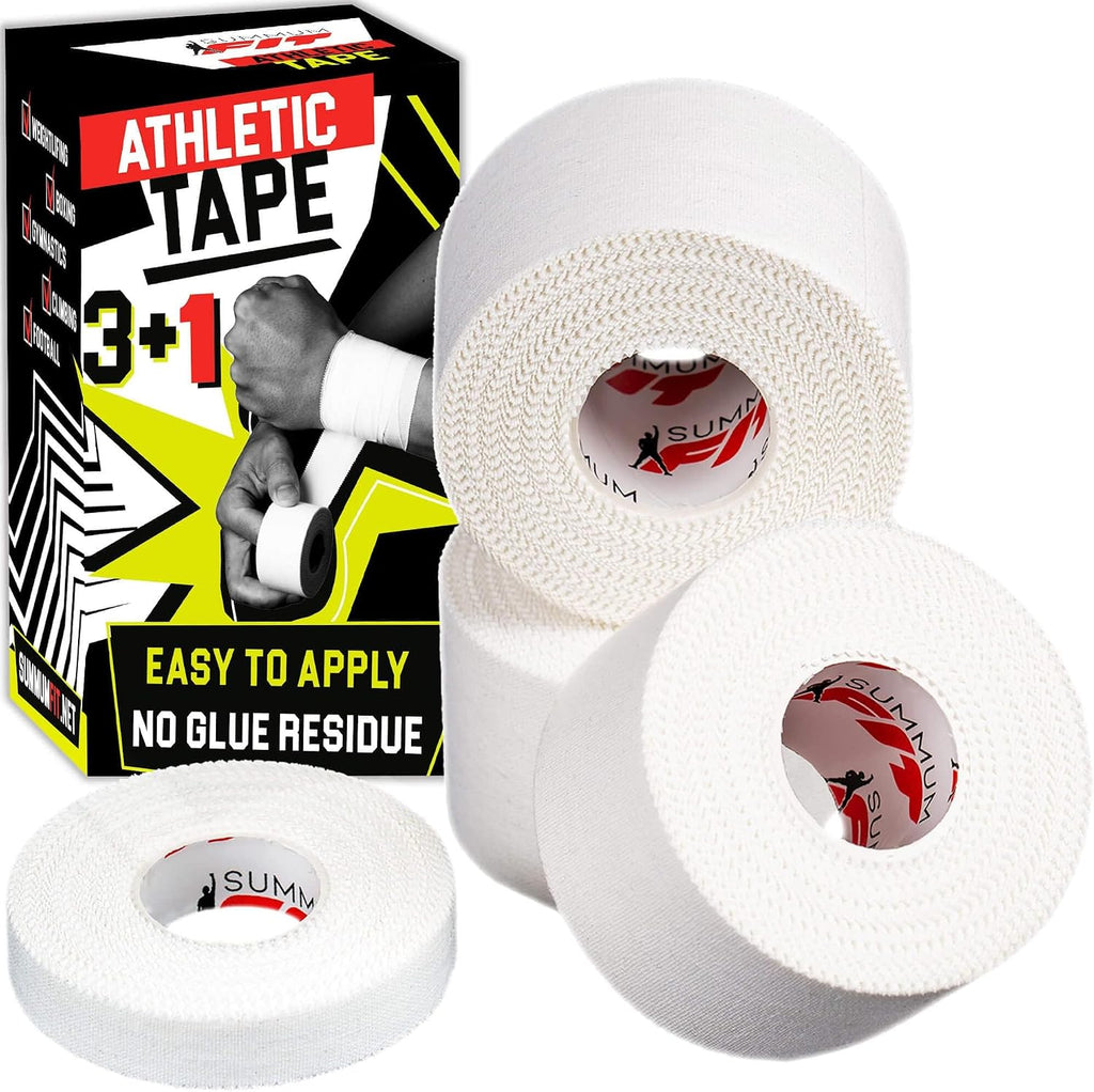 White Athletic Tape Extremely Strong: 3 Rolls + 1 Finger Roll. Easy to Apply & No Residue. Sports Tape Athletic for Boxing Football Climbing or Gymnastics for Wrist Ankle & Hand Protection