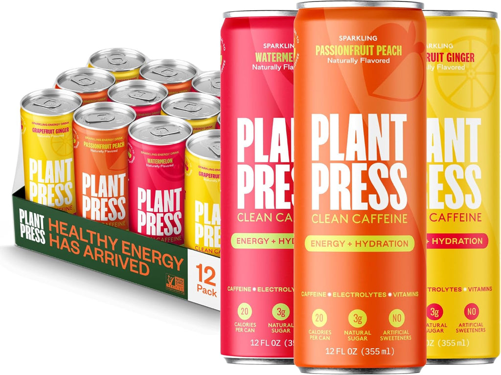 Plant Press - Organic Energy Drink, 100 mg Caffeine Clean Coffee Alternative, Full Range of Vitamins, Electrolytes, No Sugar Alcohols, No Preservatives - Variety Pack (12 Fl Oz, 12 Pk)