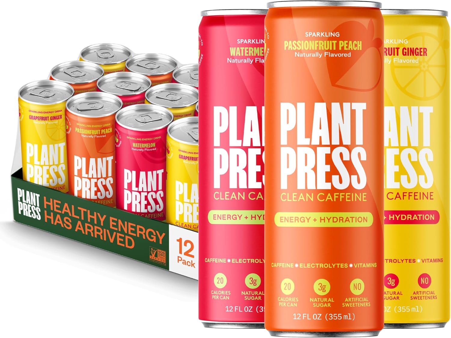 Plant Press - Organic Energy Drink, 100 mg Caffeine Clean Coffee Alternative, Full Range of Vitamins, Electrolytes, No Sugar Alcohols, No Preservatives - Variety Pack (12 Fl Oz, 12 Pk)