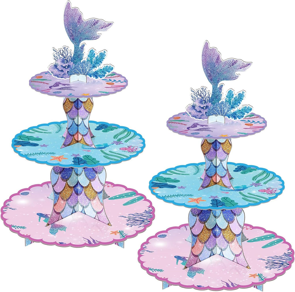BACUTHY 2 Pack Mermaid Cupcake Stand Birthday Party Decorations, Under The Sea Supplies Favors with Mermaid Tail Toppers for Little Girl, Baby Shower