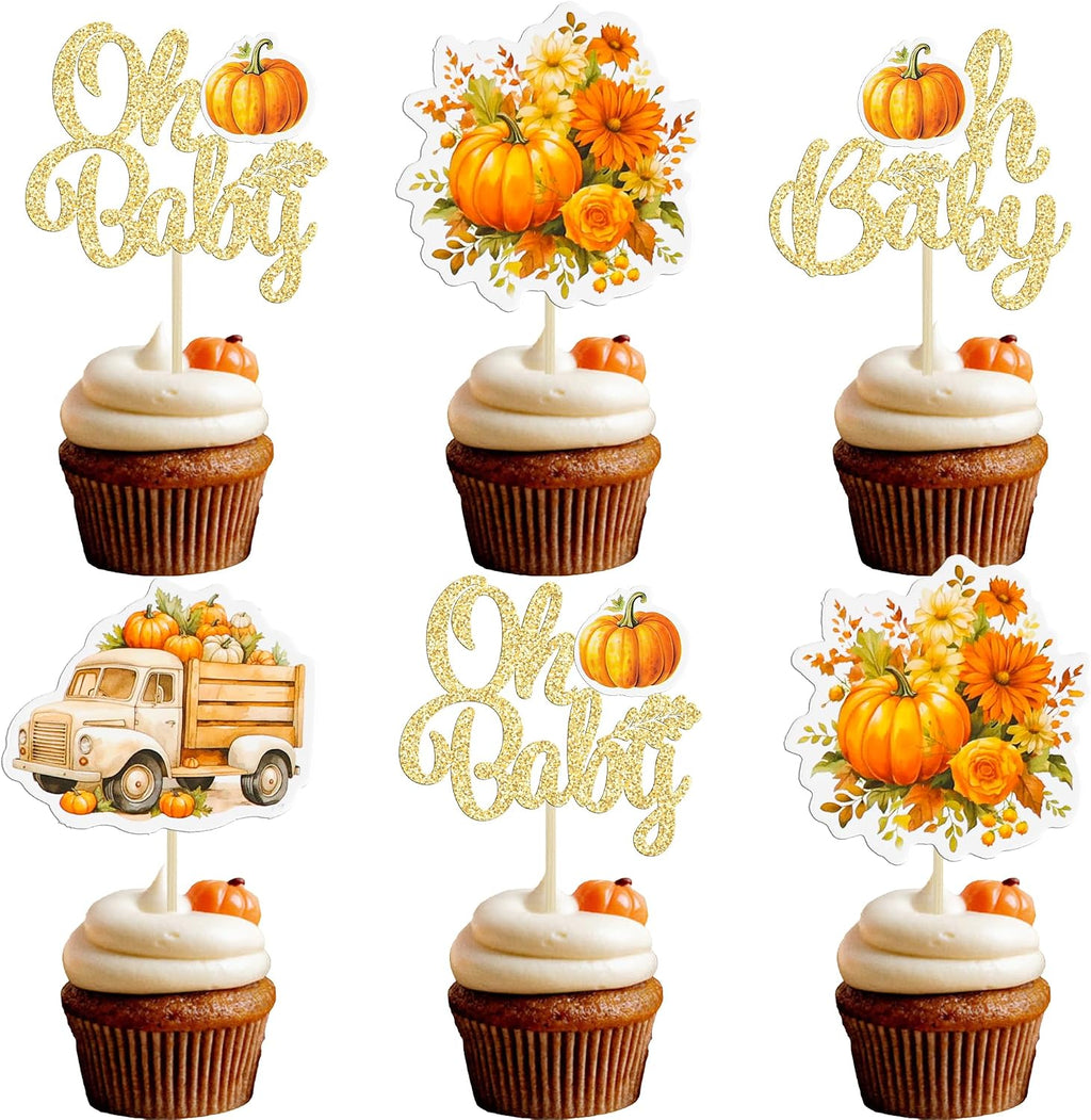 Gyufise 24Pcs Little Pumpkin Baby Shower Cupcake Toppers Pumpkin Baby Shower Cupcake Pick Decorations Fall Themed Gender Reveal Party Decorations Supplies Orange Gold